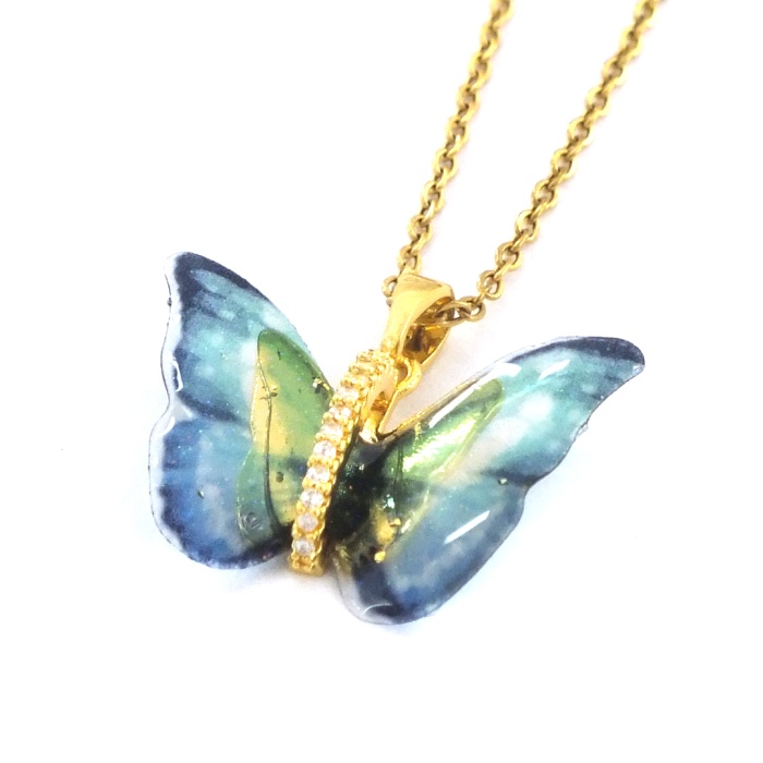 FerizZ Altın Kaplama Mavi Sedef Taşlı Kelebek Model Kadın Kolye KLY-595