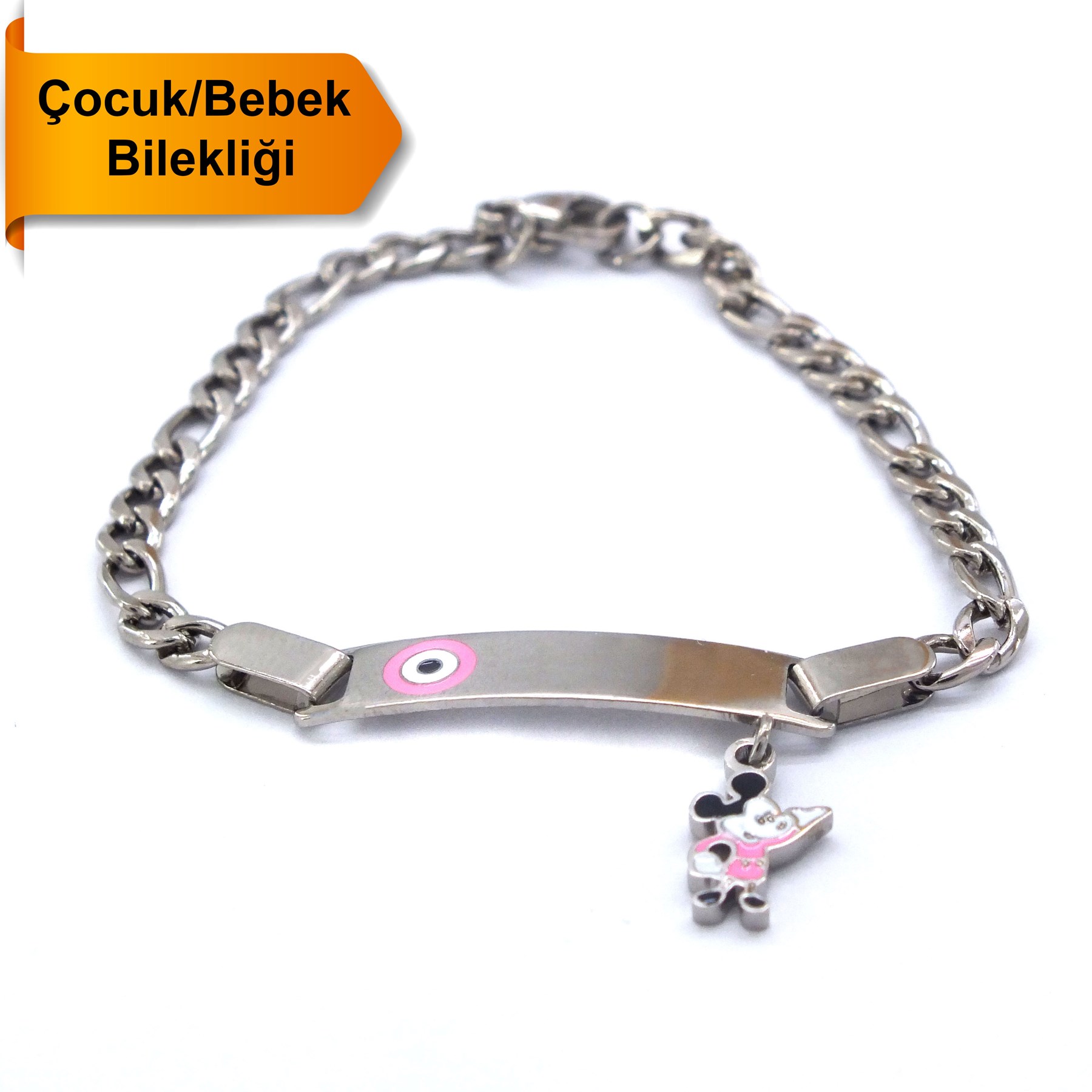 Bebek Bileklik Çelik Pembe Nazar Boncuklu Mickey Mouse BLK-963