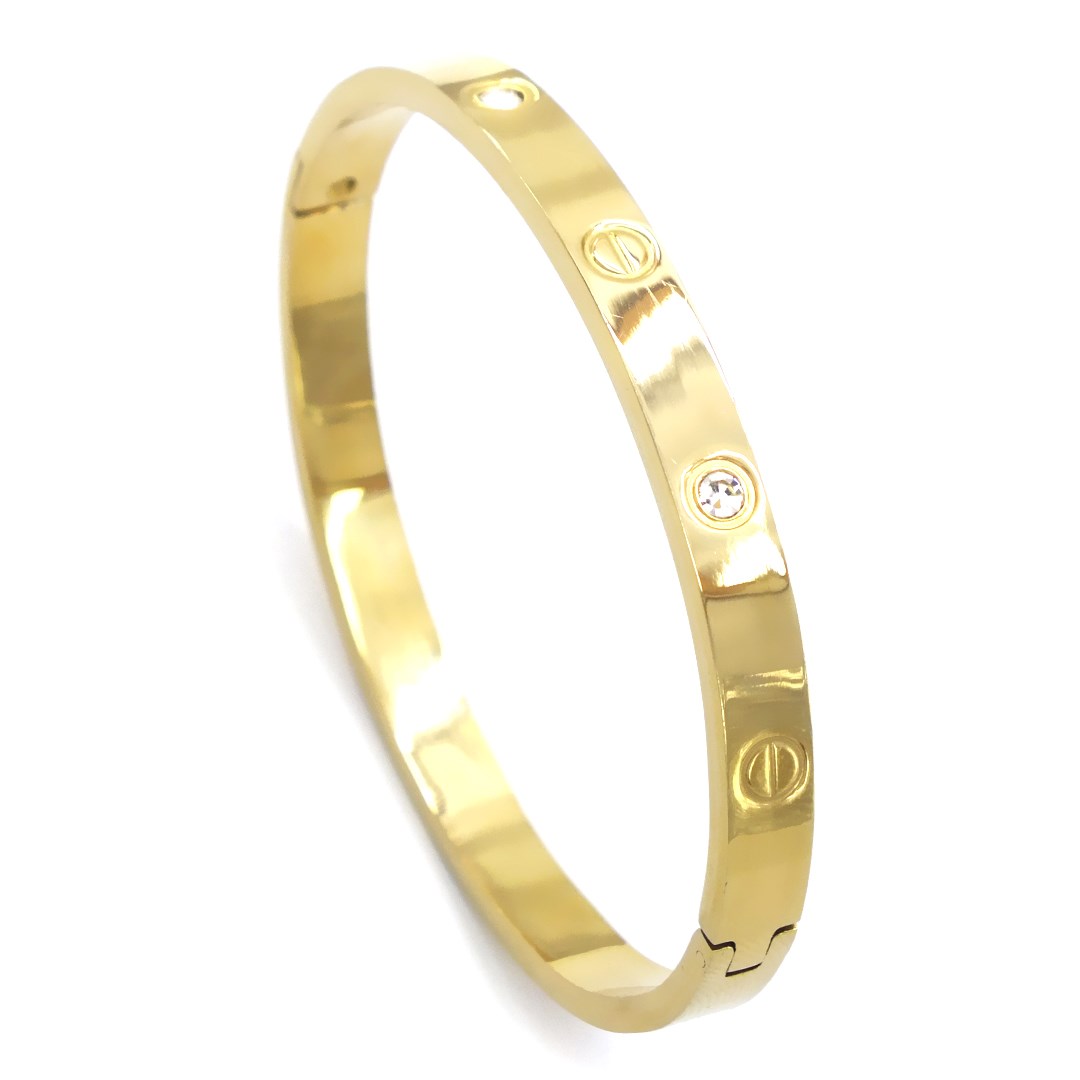 Çelik Kelepçe Bileklik Altın Kaplama Love Taşlı Model BLZ-495