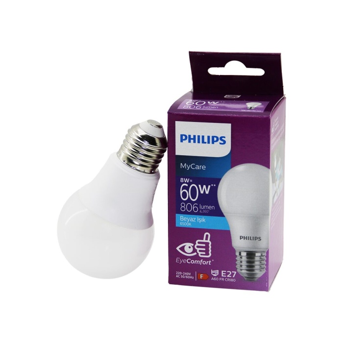 PHILIPS MYCARE ( 8W & E27 ) LED AMPUL ( 720 LUMEN & 6500K BEYAZ IŞIK ) ( 15.000 SAATE VARAN ÖMÜR )*12=K