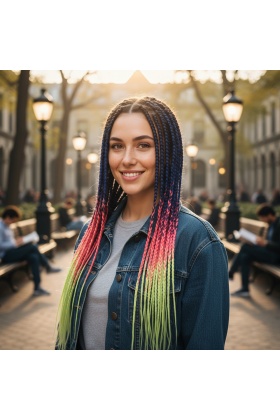 Afrika Örgüsü Ve Rasta İçin Sentetik Ombreli Saç - Mor / Pembe / Açık Fıstık Yeşili