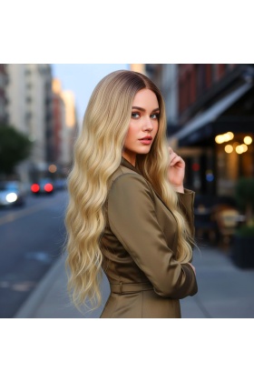 Fiber Sentetik Uzun Su Dalgası Peruk - Kumral / Sarı Ombreli