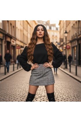 Fiber Sentetik Uzun Su Dalgası Peruk - Siyah / Karamel Ombreli