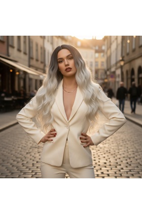 Fiber Sentetik Uzun Su Dalgası Peruk - Açık Siyah / Platin Ombreli