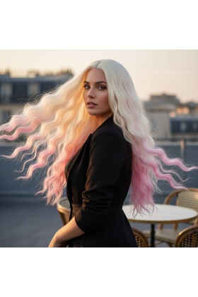 Fiber Sentetik Uzun Su Dalgası Peruk - Platin / Pembe Ombreli