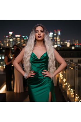 Fiber Sentetik Uzun Su Dalgası Peruk - Kahve / Platin Ombreli