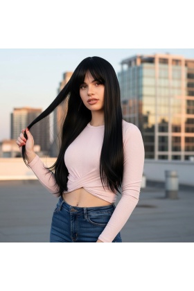 Fiber Sentetik Uzun Düz Kahküllü  Peruk - Siyah