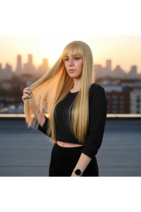 Fiber Sentetik Uzun Düz Kahküllü Peruk - Sarı