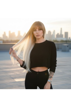 Fiber Sentetik Uzun Düz Kahküllü Peruk - Balköpüğü / Platin Ombreli