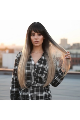 Fiber Sentetik Uzun Düz Kahküllü Peruk - Siyah / Küllü Bebek Sarı Ombreli