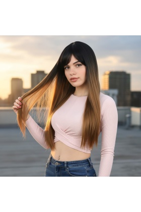 Fiber Sentetik Uzun Düz Kahküllü Peruk - Siyah / Karamel Ombreli