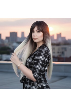 Fiber Sentetik Uzun Düz Kahküllü Peruk - Küllü Siyah / Platin Ombreli