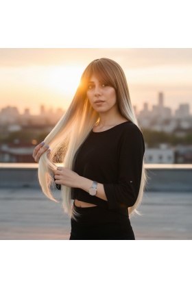 Fiber Sentetik Uzun Düz Kahküllü Peruk - Kumral / Platin Ombreli