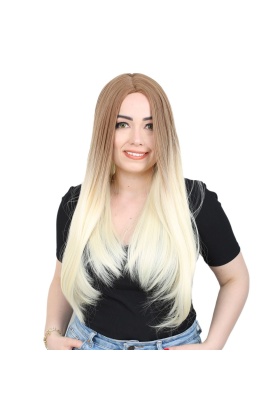 Fiber Sentetik Uzun Düz Peruk - Balköpüğü / Platin Ombreli