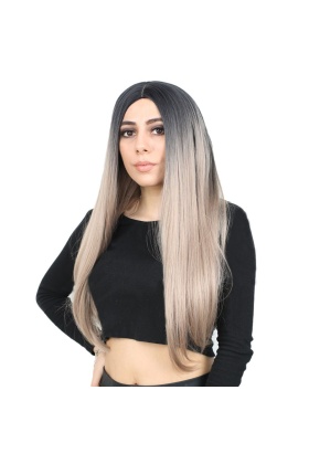 Fiber Sentetik Uzun Düz Peruk - Siyah / Küllü Bebek Sarı Ombreli