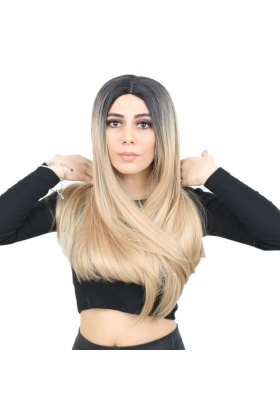 Fiber Sentetik Uzun Düz Peruk - Siyah / Balköpüğü Ombreli