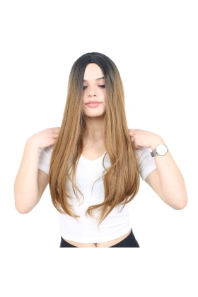 Fiber Sentetik Uzun Düz Peruk - Siyah / Karamel Ombreli