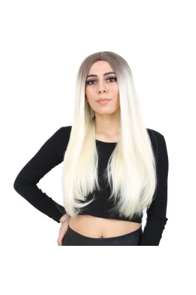 Fiber Sentetik Uzun Düz Peruk - Küllü Açık Kahve  / Platin Ombreli