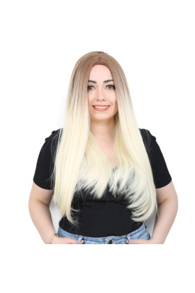 Fiber Sentetik Uzun Düz Peruk - Kumral / Platin Ombreli