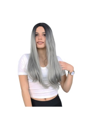 Fiber Sentetik Uzun Düz Peruk - Siyah / Gri Ombreli