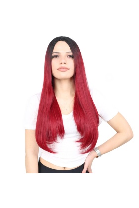 Fiber Sentetik Uzun Düz Peruk - Siyah / Kızıl Ombreli