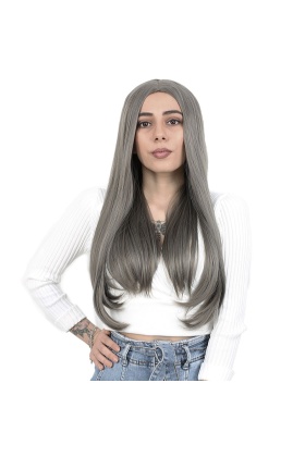 Fiber Sentetik Uzun Düz Peruk - Koyu Gri
