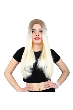 Fiber Sentetik Uzun Düz Peruk - Açık Balköpüğü / Platin Ombreli