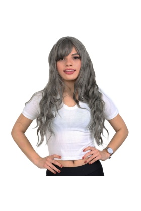 Perçemli Uzun Su Dalgası Fiber Sentetik Peruk- Koyu Gri
