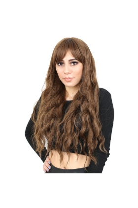 Perçemli Uzun Su Dalgası Fiber Sentetik Peruk - Kumral