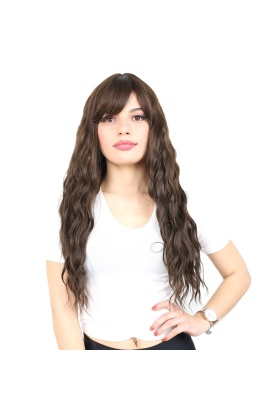 Perçemli Uzun Su Dalgası Fiber Sentetik Peruk- Açık Kahve