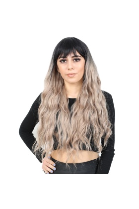 Perçemli Uzun Su Dalgası Fiber Sentetik Peruk- Siyah / Küllü Bebek Sarı Ombreli