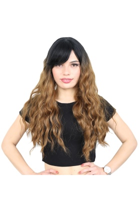 Perçemli Uzun Su Dalgası Fiber Sentetik Peruk- Siyah / Karamel Ombreli