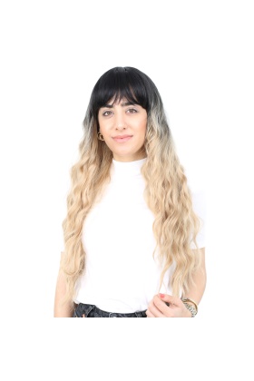 Perçemli Uzun Su Dalgası Fiber Sentetik Peruk - Siyah / Balköpüğü Ombreli