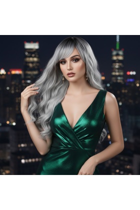 Perçemli Uzun Su Dalgası Fiber Sentetik Peruk - Siyah / Açık Gri Ombreli