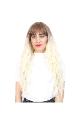 Perçemli Uzun Su Dalgası Fiber Sentetik Peruk - Kumral / Platin Ombreli