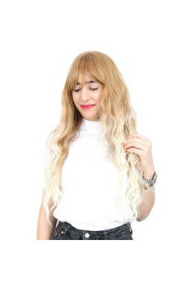 Perçemli Uzun Su Dalgası Fiber Sentetik Peruk - Balköpüğü / Platin Uzun Ombreli