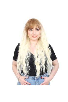 Perçemli Uzun Su Dalgası Fiber Sentetik Peruk - Balköpüğü / Platin Kısa Ombreli