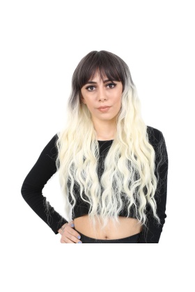 Perçemli Uzun Su Dalgası Fiber Sentetik Peruk - Küllü Siyah / Platin Ombreli