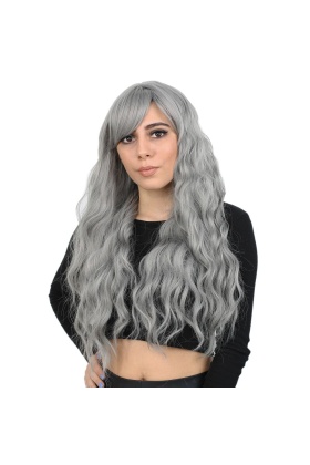 Perçemli Uzun Su Dalgası Fiber Sentetik Peruk - Açık Gri