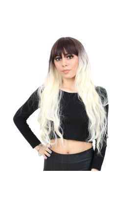 Perçemli Uzun Su Dalgası Fiber Sentetik Peruk - Küllü Açık Kahve / Platin Ombreli