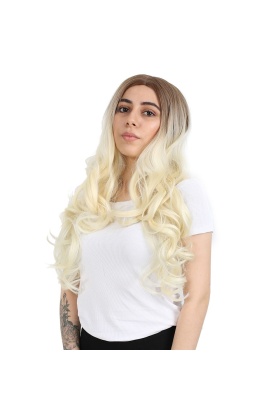 Yoğun Dalgalı Fiber Sentetik Uzun Perçemsiz Peruk - Kumral / Platin Ombreli