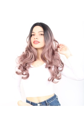 Yoğun Dalgalı Fiber Sentetik Uzun Perçemsiz Peruk - Siyah / Gül Kurusu Ombreli