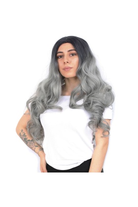 Yoğun Dalgalı Fiber Sentetik Uzun Perçemsiz Peruk - Siyah / Gri Ombreli