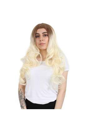 Yoğun Dalgalı Fiber Sentetik Uzun Perçemsiz Peruk - Balköpüğü / Platin Uzun Ombreli