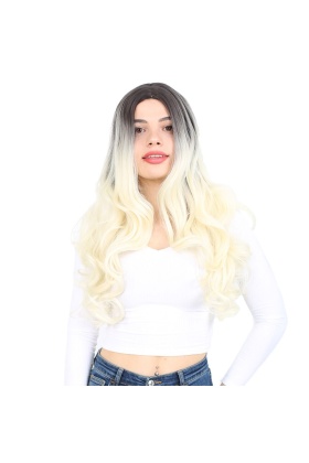 Yoğun Dalgalı Fiber Sentetik Uzun Perçemsiz Peruk - Küllü Siyah / Platin Ombreli