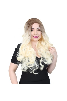 Yoğun Dalgalı Fiber Sentetik Uzun Perçemsiz Peruk - Açık Balköpüğü / Platin Ombreli