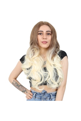 Yoğun Dalgalı Fiber Sentetik Uzun Perçemsiz Peruk - Balköpüğü / Platin Ombreli