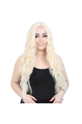 Su Dalgası Uzun Perçemsiz Fiber Sentetik Peruk - Platin