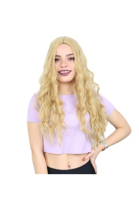 Su Dalgası Uzun Perçemsiz Fiber Sentetik Peruk - Sarı