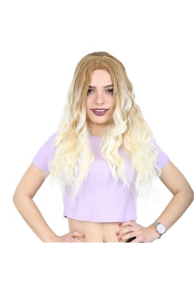 Su Dalgası Uzun Perçemsiz Fiber Sentetik Peruk - Balköpüğü / Platin Ombreli